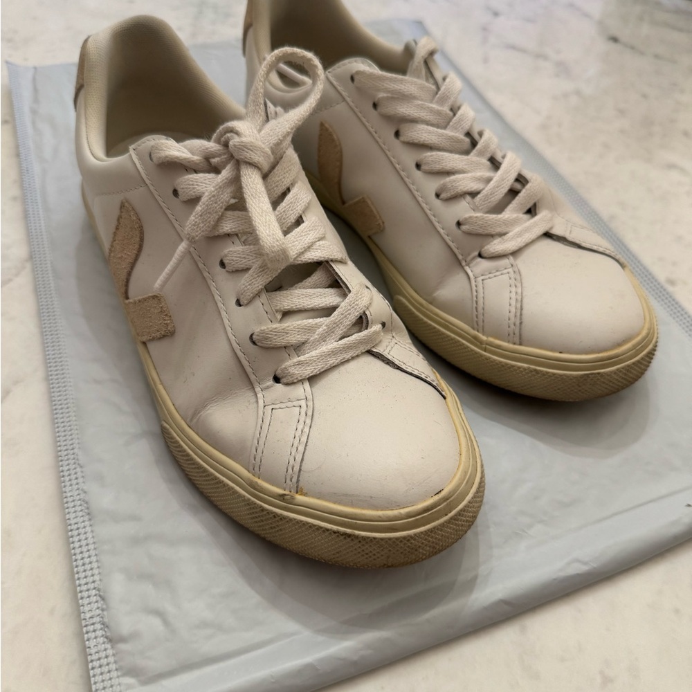 Veja Cream and Tan Sneakers with Minimalist Design